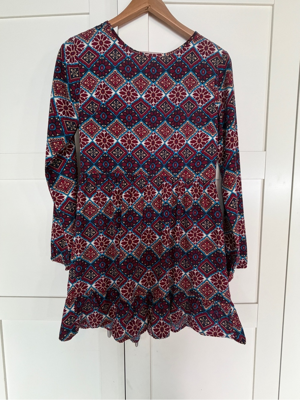 one clothing Burgundy & Teal Diamond Floral Long Sleeve Dress B12